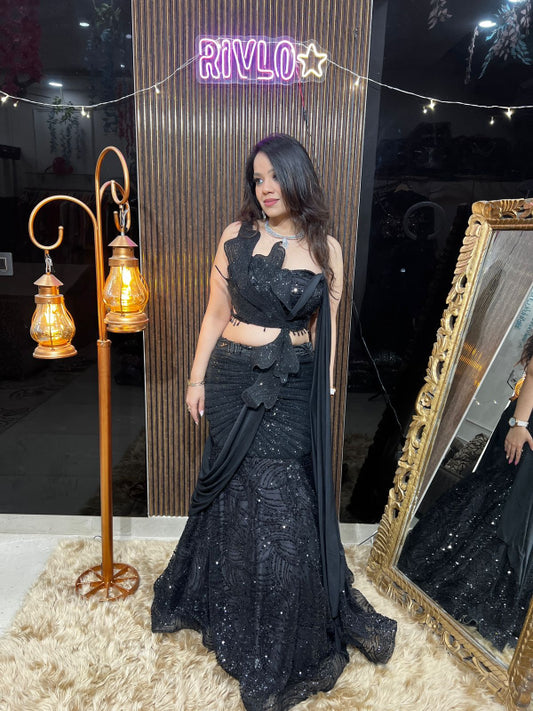 ✨ Scarlet Black Sequins Mermaid Drape Lehenga with Designer Cutwork Blouse RC428