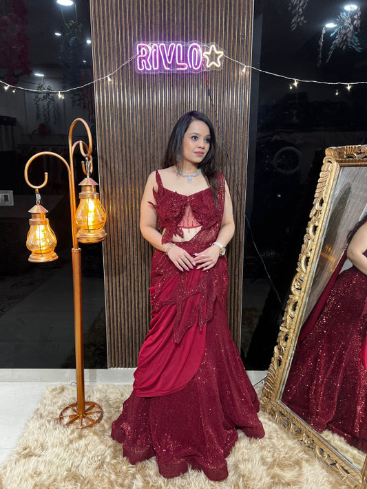 ✨ Scarlet Red Sequins Mermaid Drape Lehenga with Designer Cutwork Blouse RC427