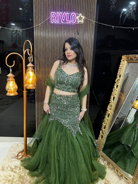 Green Embellished Fishcut Lehenga RC432