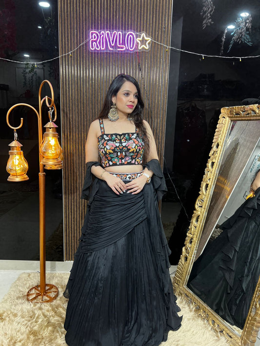 🖤 Black Draped Ruffle Lehenga with Multicolour Embroidered Blouse RC436