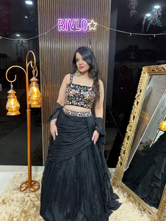 🖤 Black Draped Ruffle Lehenga with Multicolour Embroidered Blouse RC436