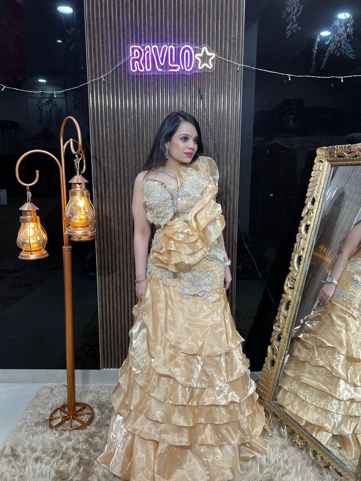 ✨ Ruffle Trail Gown with 3D Floral Handwork Bodice RC434