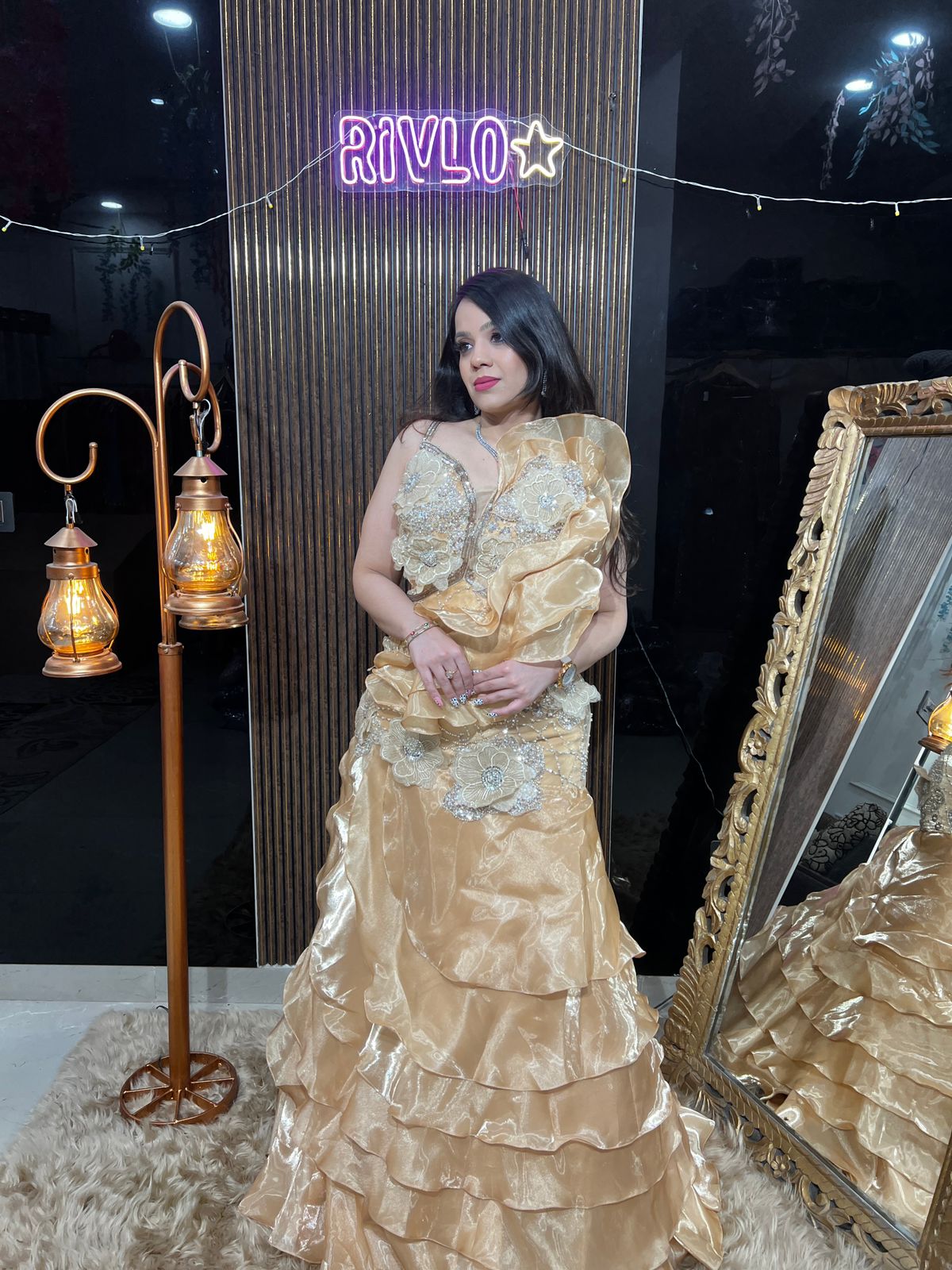 ✨ Ruffle Trail Gown with 3D Floral Handwork Bodice RC434