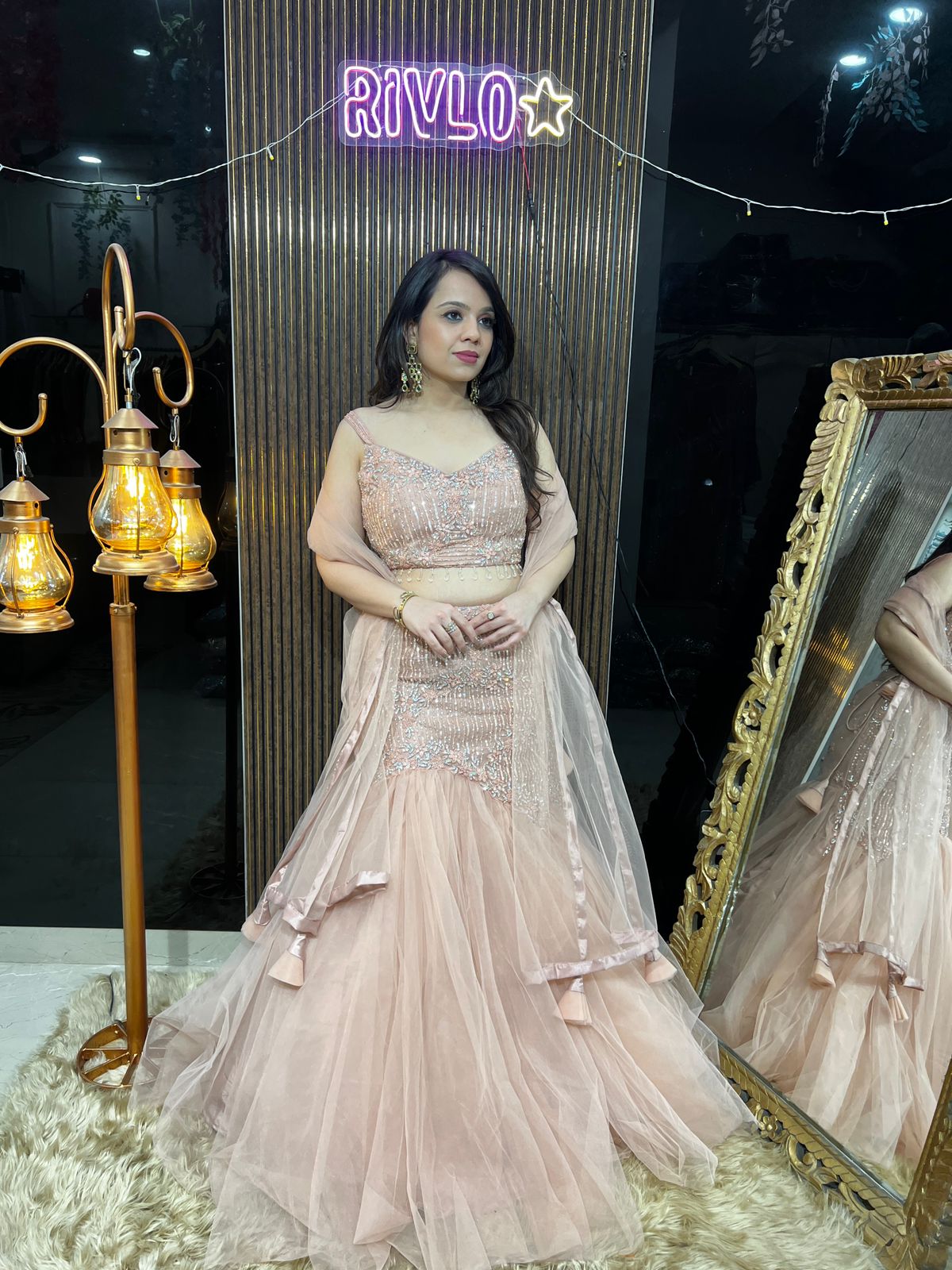 Peach Embellished Fishcut Lehenga RC439
