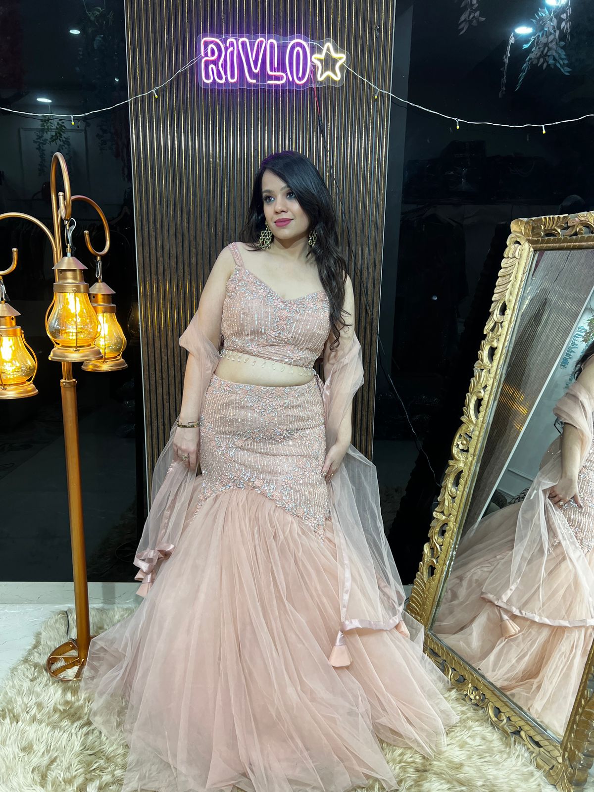 Peach Embellished Fishcut Lehenga RC439