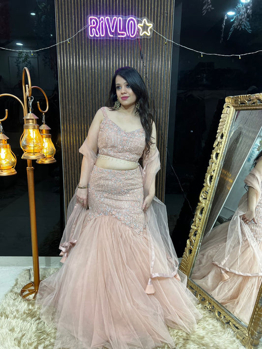 Peach Embellished Fishcut Lehenga RC439