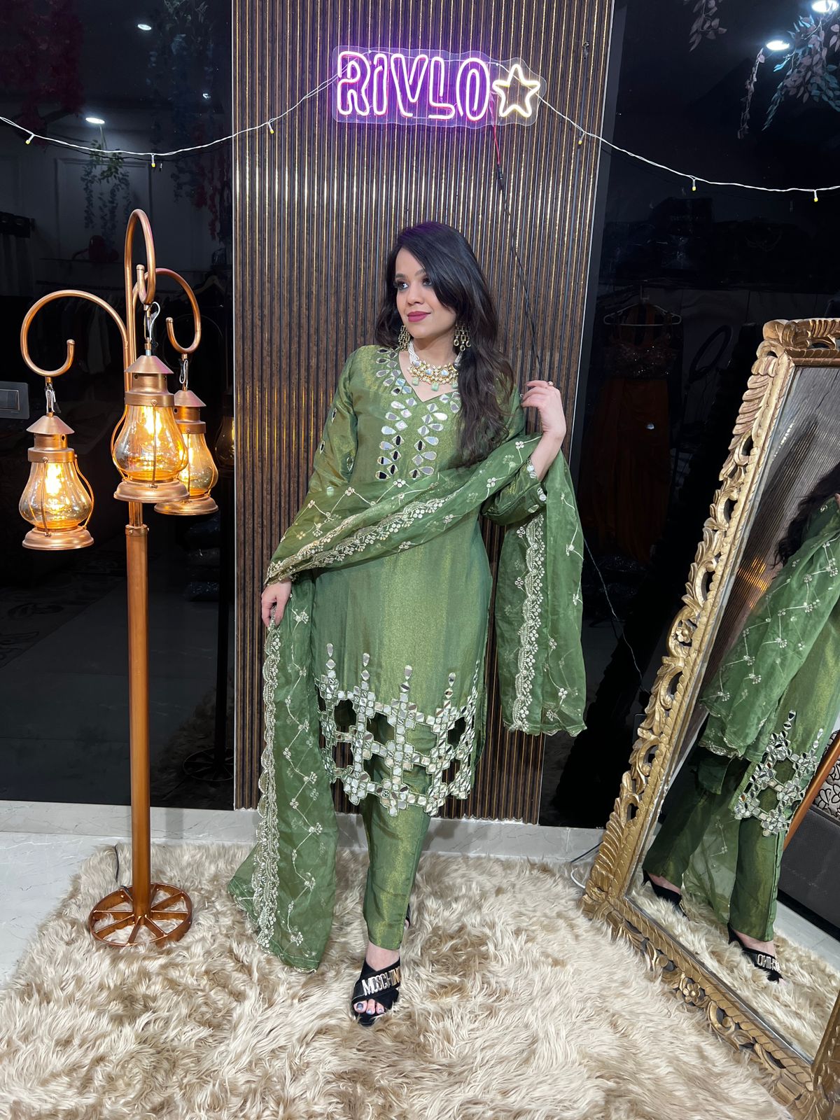 Green Mirror Work Kurta Set with Dupatta RC441