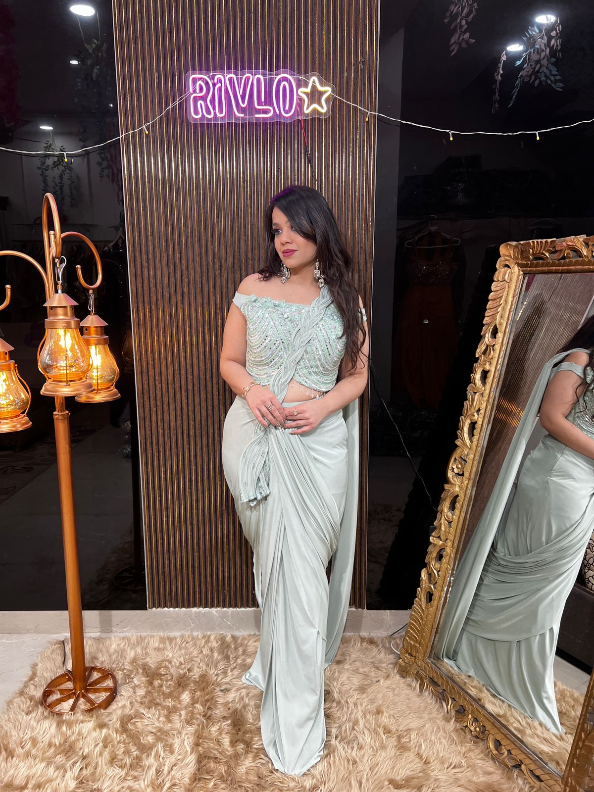 Mint Green Draped Saree with Embellished Blouse RC446