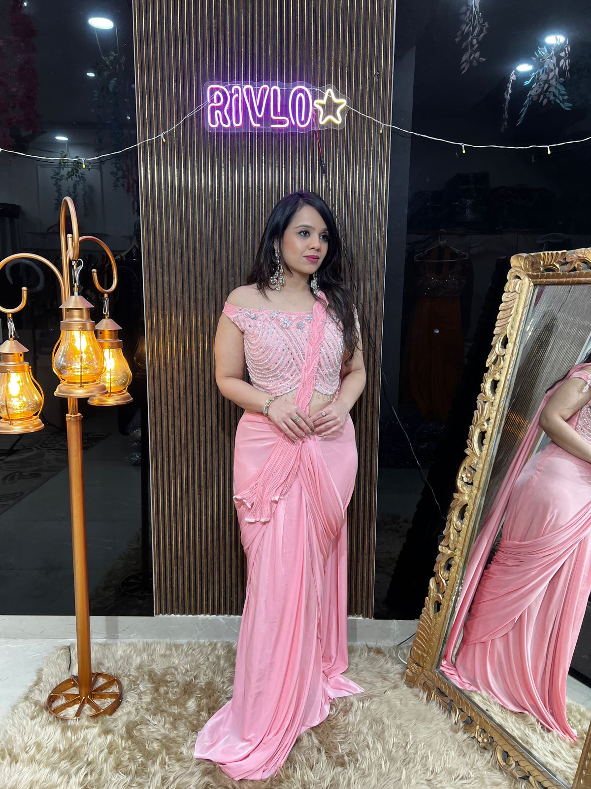 Blush Pink Draped Saree with Embellished Blouse RC445