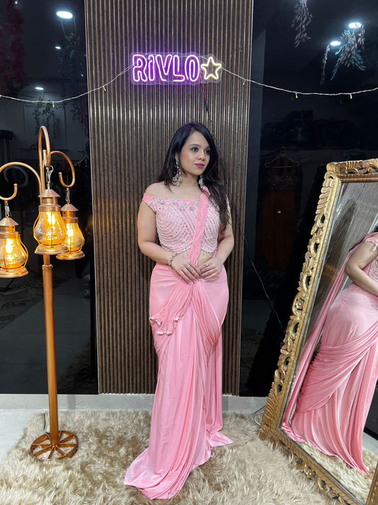Blush Pink Draped Saree with Embellished Blouse RC445