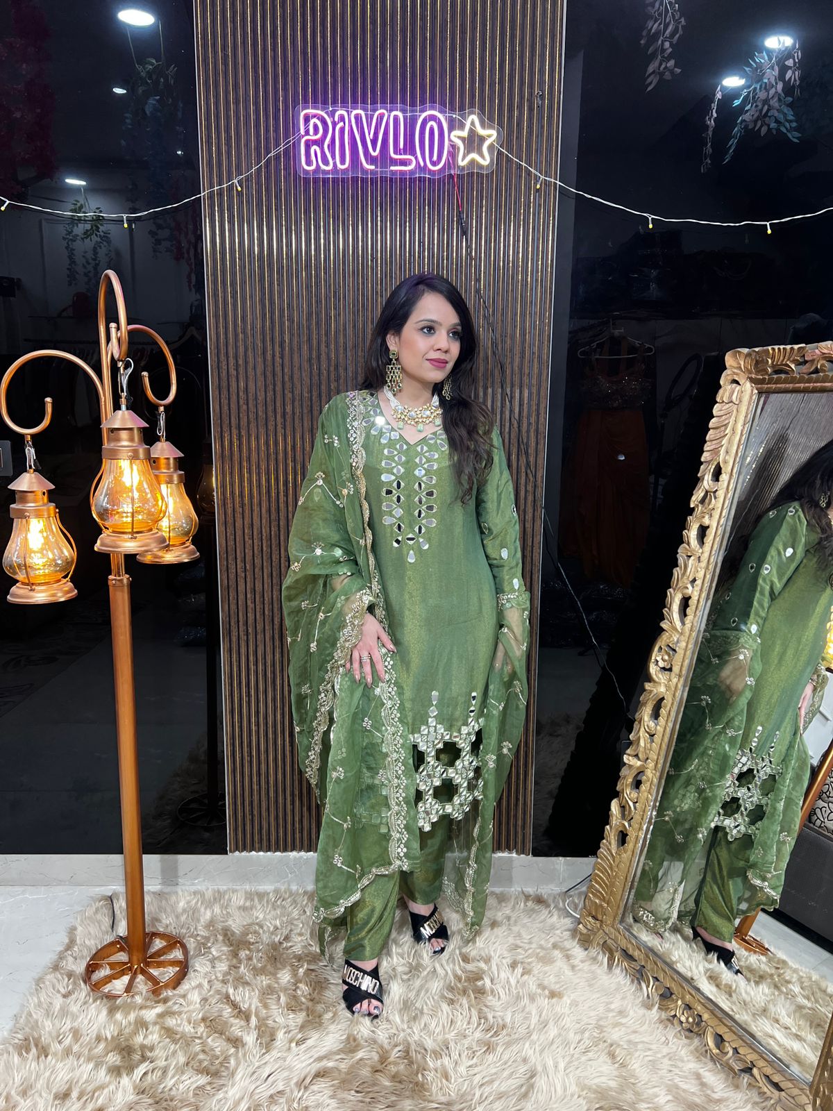 Green Mirror Work Kurta Set with Dupatta RC441