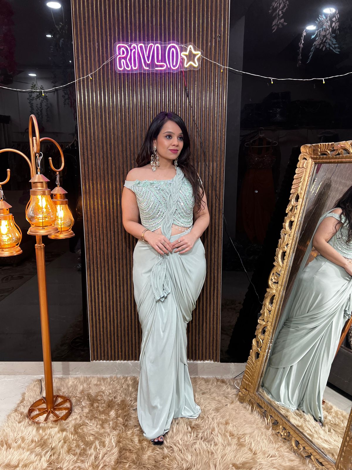 Mint Green Draped Saree with Embellished Blouse RC446