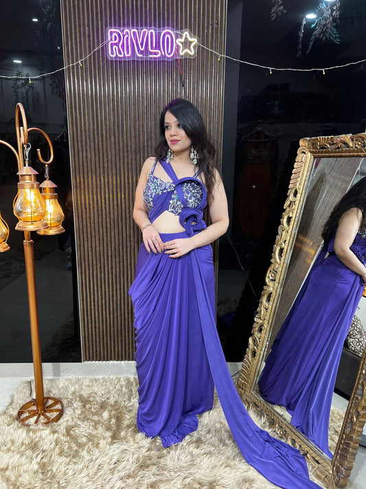 Royal Purple Draped Saree with Embellished Statement Blouse AC25
