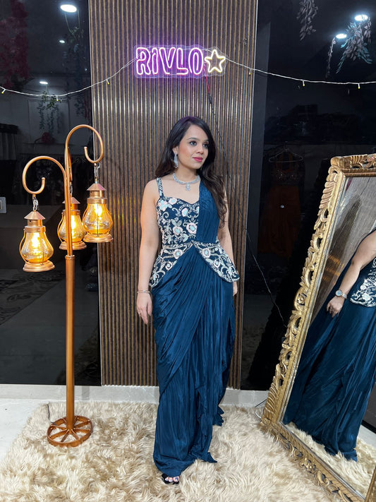 Deep Teal Draped Saree with Embroidered Blouse RC450