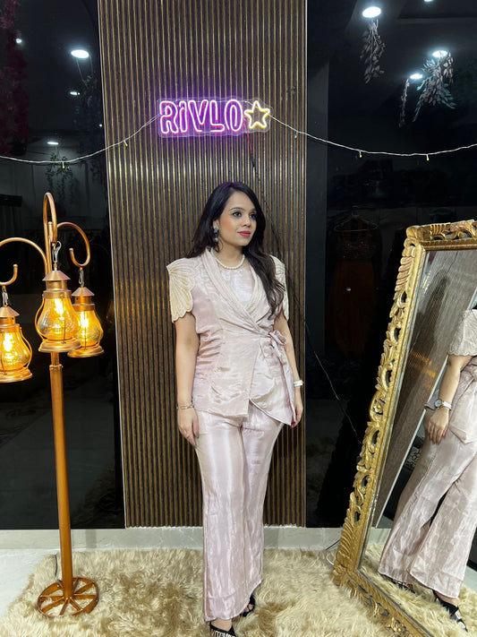 Blush Tissue Co-Ord Set with Wrap-Style Top AC24