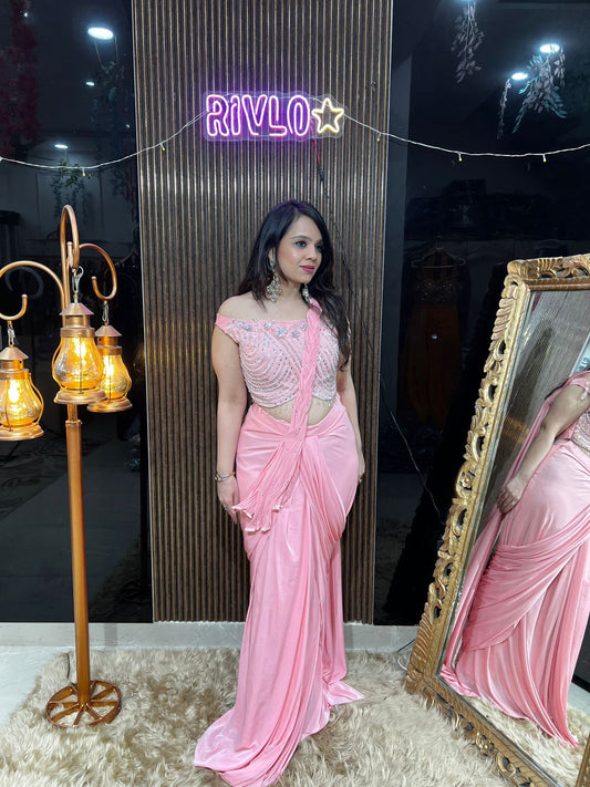 Blush Pink Draped Saree with Embellished Blouse RC445