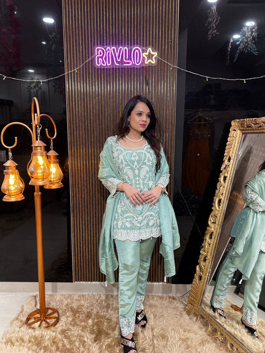 Pearl Work And Hand  Work Green Suit RC448