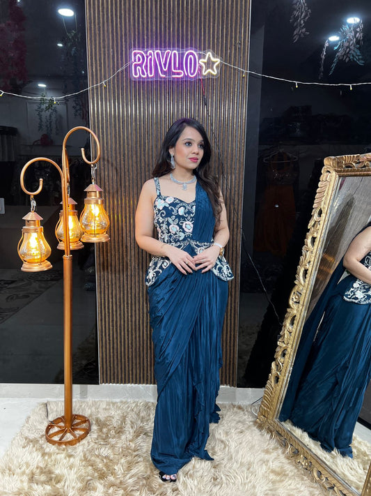 Deep Teal Draped Saree with Embroidered Blouse RC450