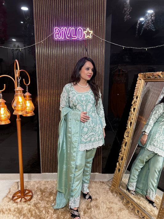Pearl Work And Hand  Work Green Suit RC448