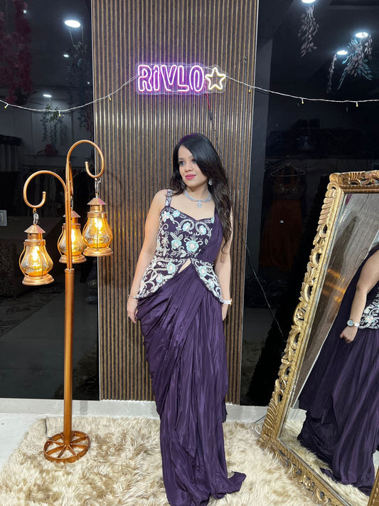 Deep Voilet Draped Saree with Embroidered Blouse RC451