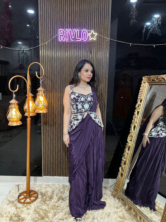 Deep Voilet Draped Saree with Embroidered Blouse RC451