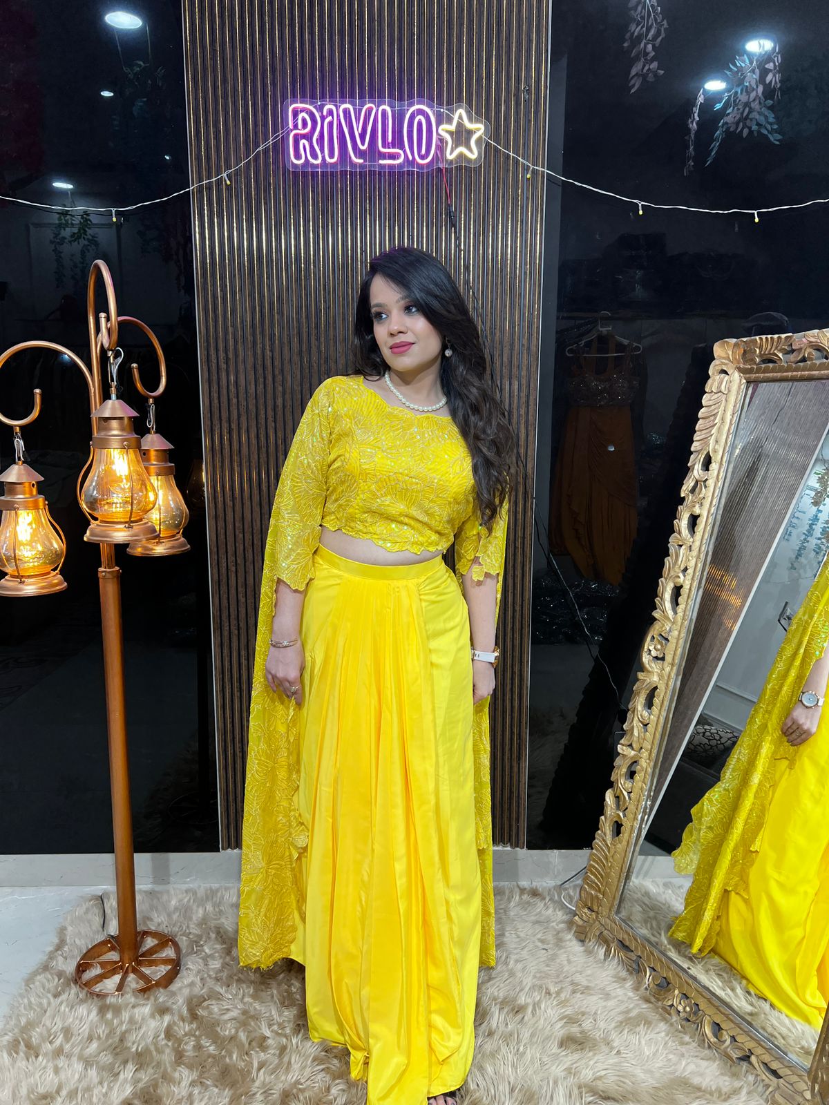 Sunshine Yellow Indo Set with Embroidered Cape Blouse RC447