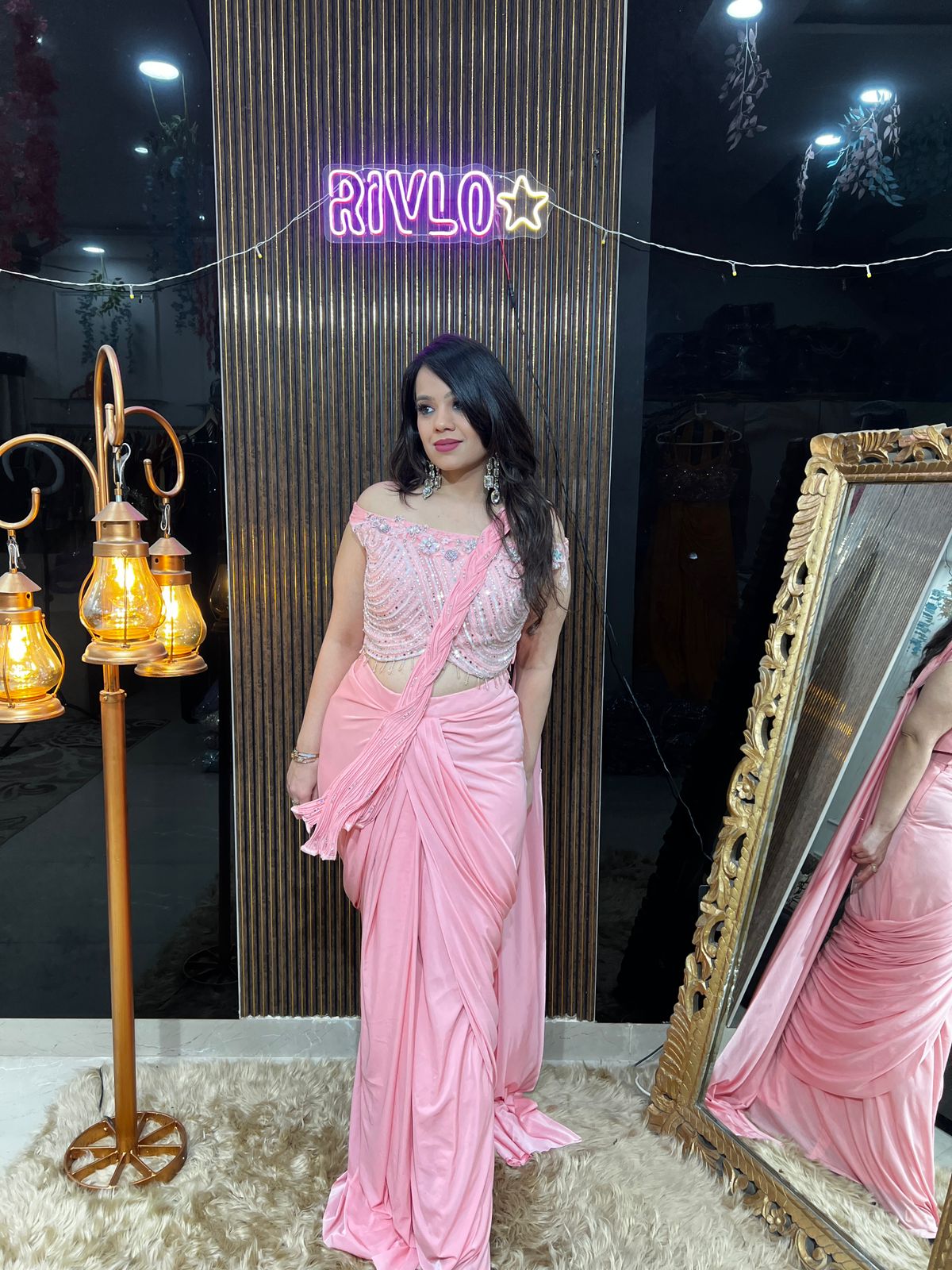 Blush Pink Draped Saree with Embellished Blouse RC445