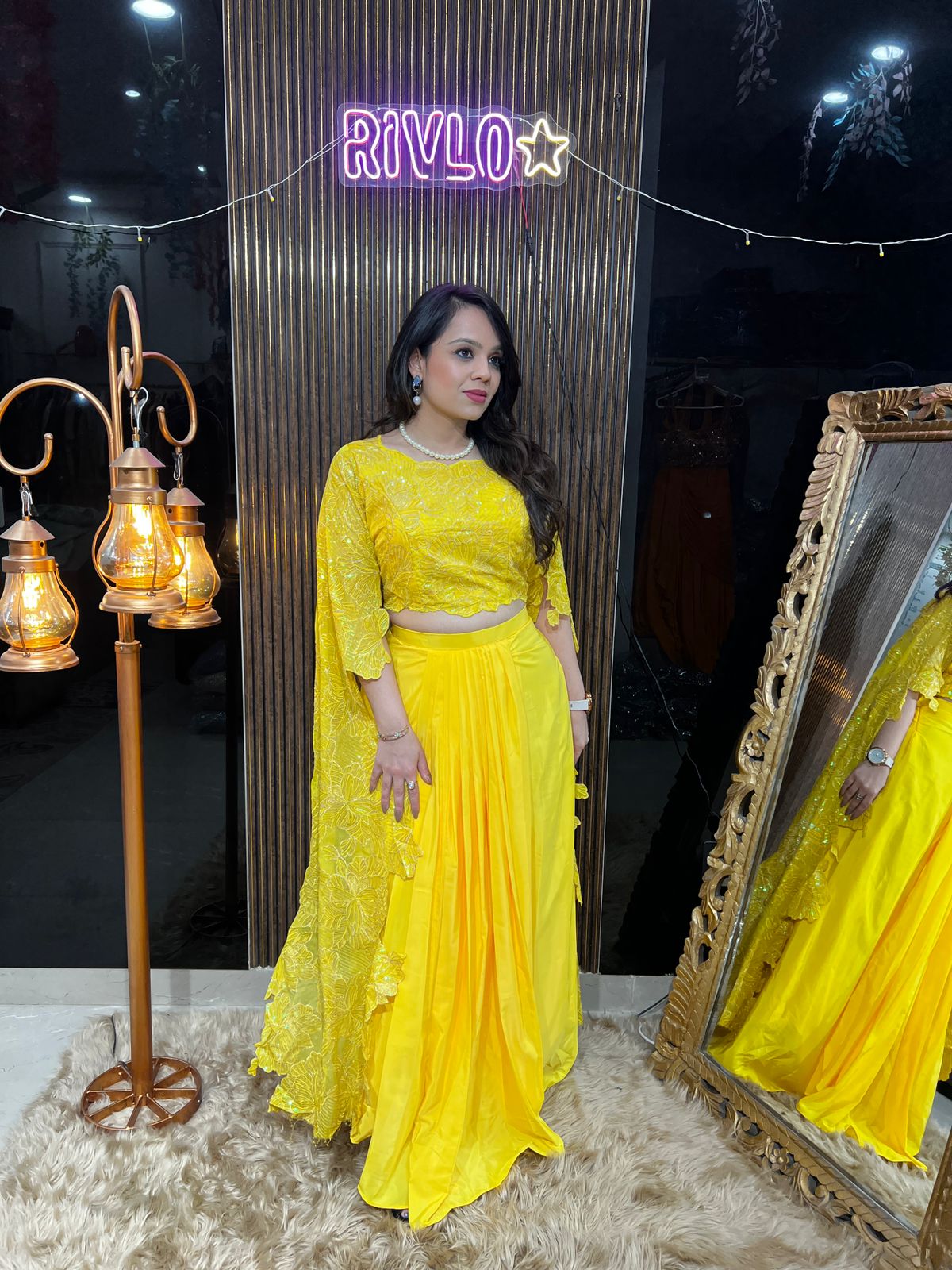 Sunshine Yellow Indo Set with Embroidered Cape Blouse RC447