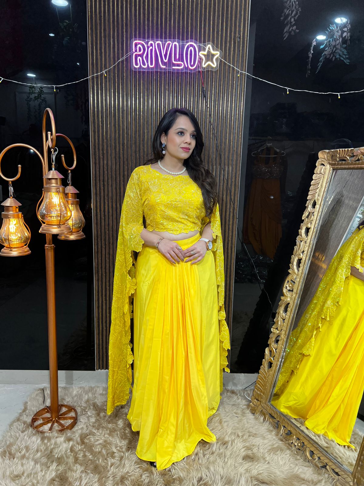 Sunshine Yellow Indo Set with Embroidered Cape Blouse RC447