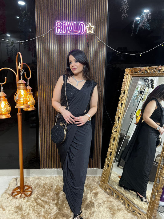 Wine and black drape saree set with Purse RC454