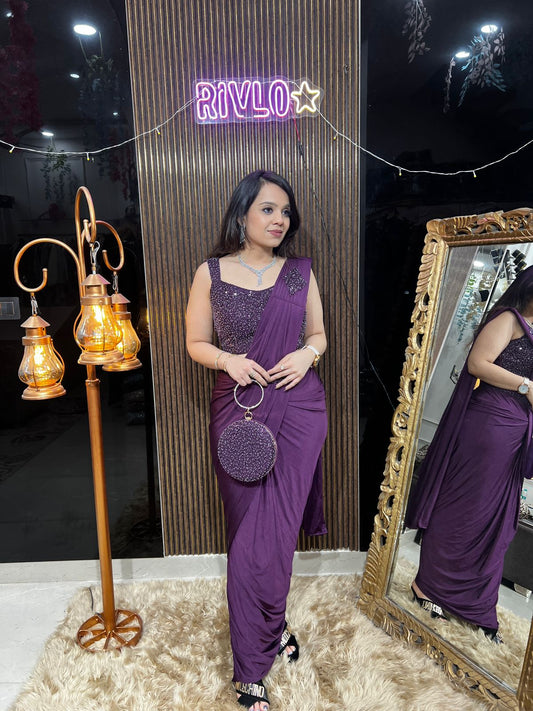 Wine and black drape saree set with Purse RC454