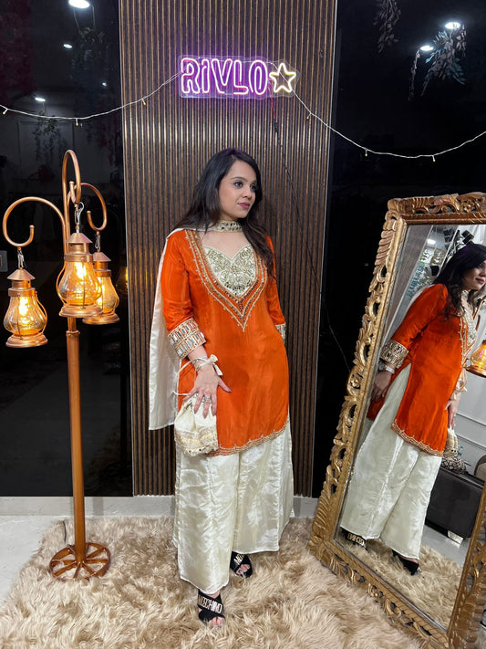 Elegant Orange & Ivory Embroidered Kurta Set RC458