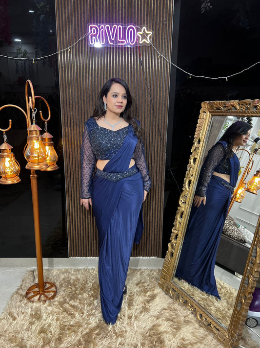 Full Sleeves Emblished Blue Drape Saree RC456