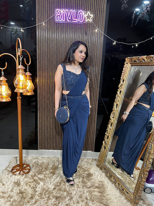 Choclate and blue drape saree set with Purse RC455