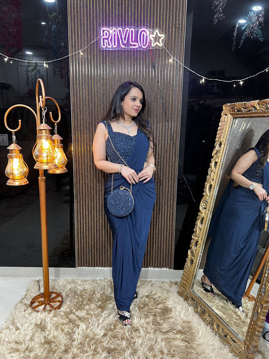 Choclate and blue drape saree set with Purse RC455