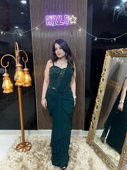 Green and Wine Heavy Work Corset SareeRC457