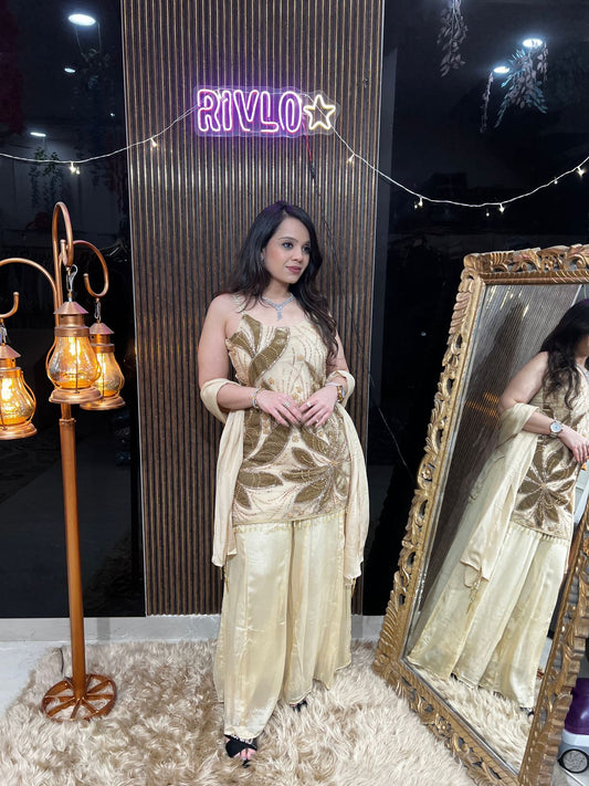 Ivory & Antique Gold Embroidered Kurta Set with Dupatta RC459