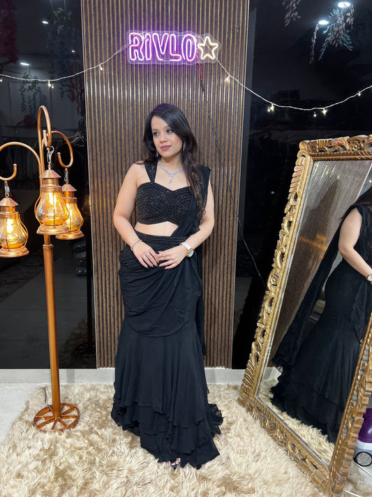 Black Draped Saree with Beaded Blouse RC460