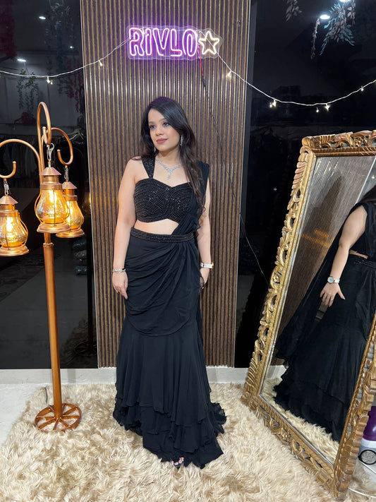 Black Draped Saree with Beaded Blouse RC460