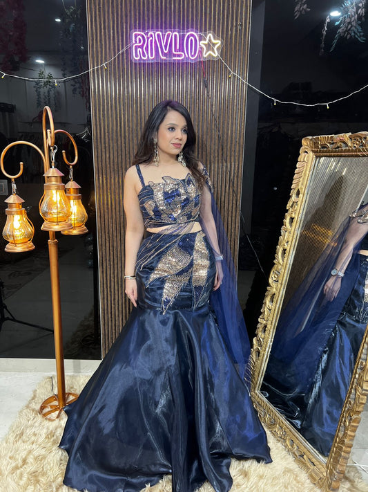 Aurum Series – Embellished Sculpted Drape Ensemble Fishcut Lehenga AC26