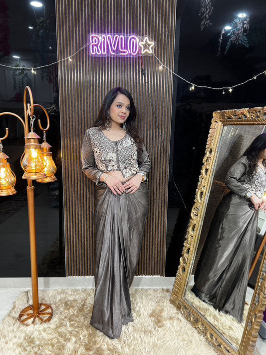 Antique Silver Draped Saree with Heavily Embellished Blouse RC461