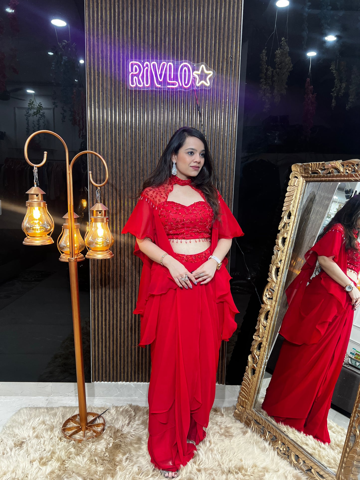 Fiery Red Embellished Pre-Draped Saree with Cape Sleeves RC364
