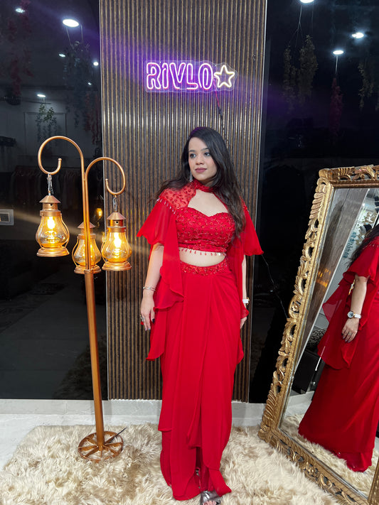 Fiery Red Embellished Pre-Draped Saree with Cape Sleeves RC364
