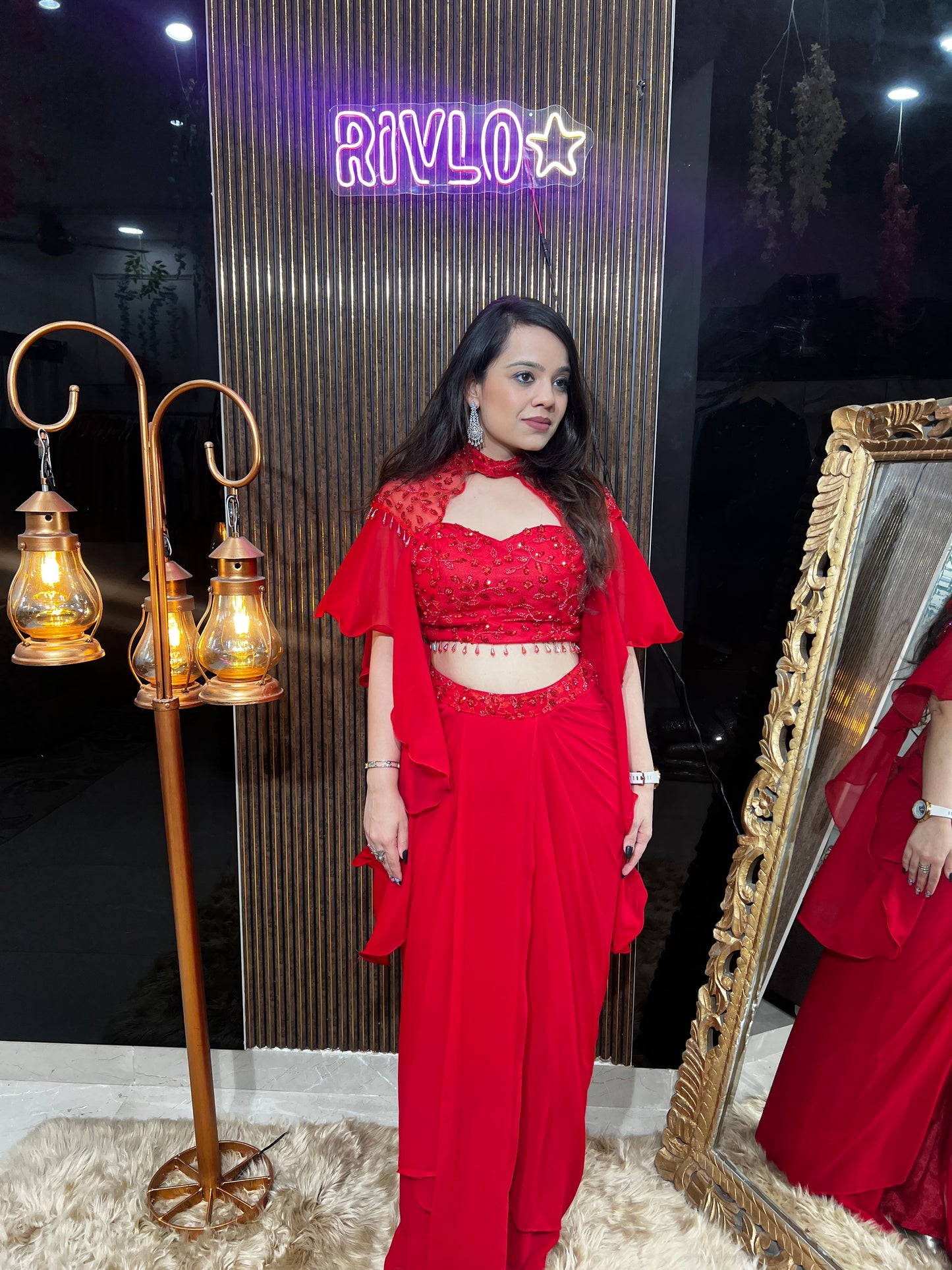 Fiery Red Embellished Pre-Draped Saree with Cape Sleeves RC364