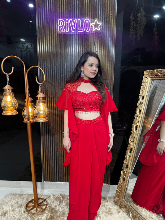 Fiery Red Embellished Pre-Draped Saree with Cape Sleeves RC364