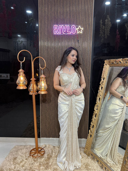 🌟 Ivory Gold Sequin Drape Saree Indo🌟 RC287