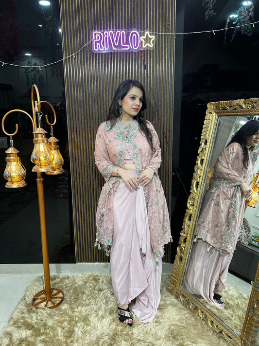 ✨ Mint Green And Baby Pink Embellished Cape Indo-Western Set RC465