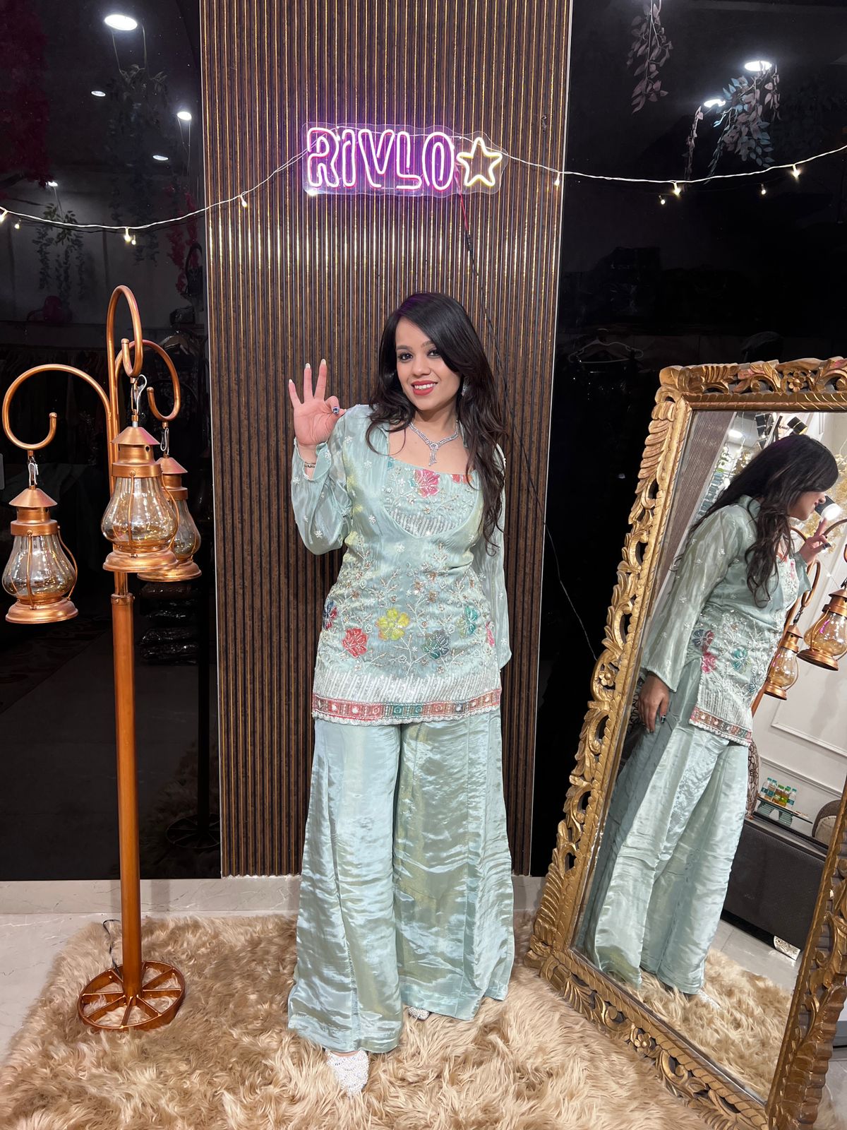 Ice Blue 3 Piece Embroidered Kurta Set with Flowy Palazzo RC467