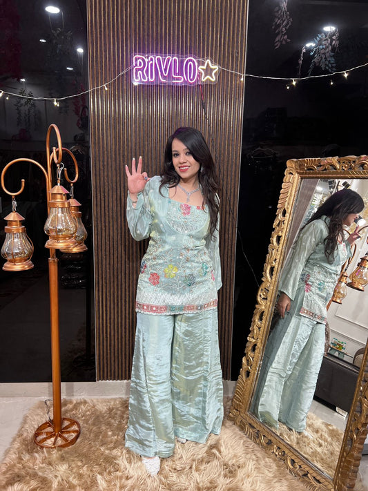 Ice Blue 3 Piece Embroidered Kurta Set with Flowy Palazzo RC467