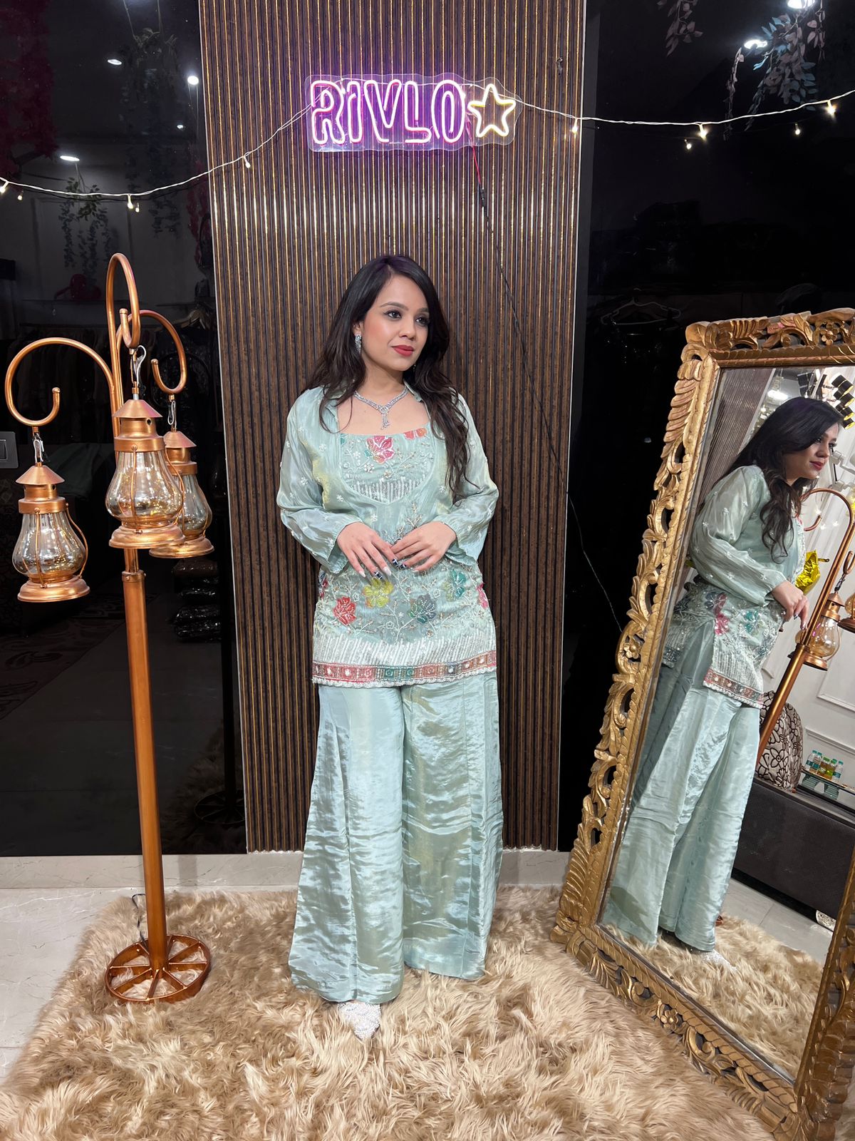Ice Blue 3 Piece Embroidered Kurta Set with Flowy Palazzo RC467